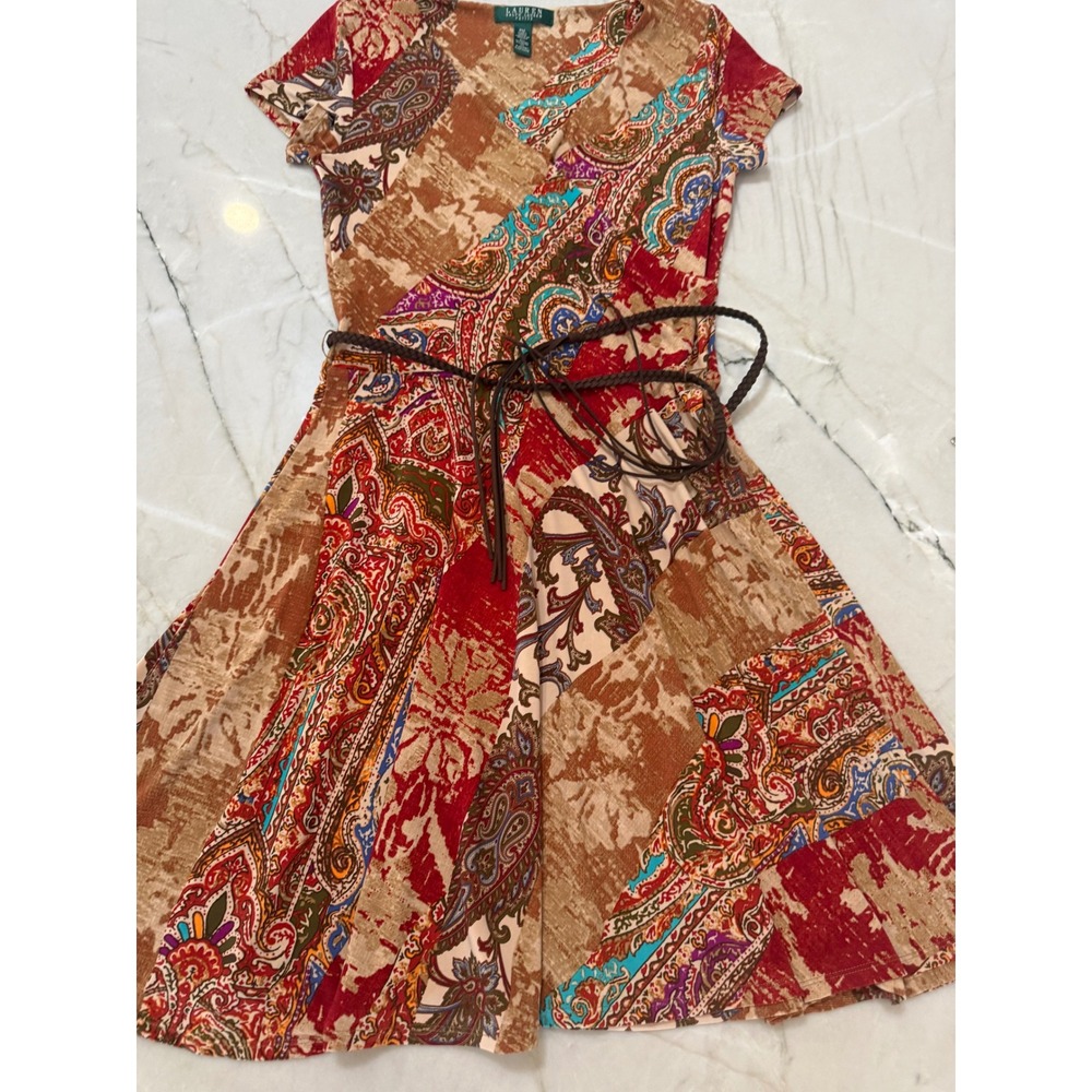 Lauren Ralph Lauren Petite Paisley Patchwork Faux Wrap Dress with Belt PM Red 71 - Picture 3 of 12